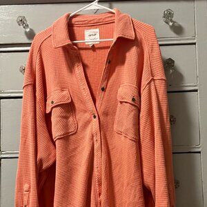 AERIE - Coral Waffle Knit Button-up Shirt